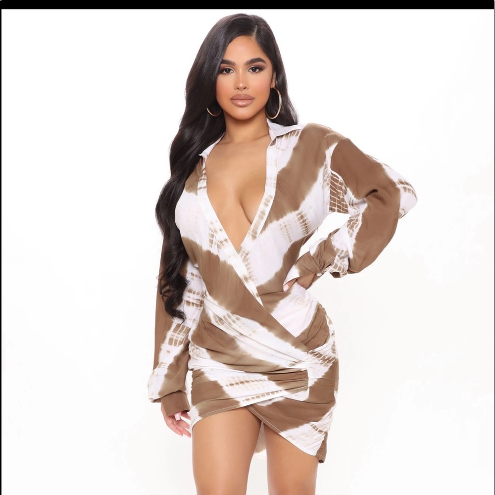 🐫🤎 FASHION NOVA LINEN TIE DYE CAMILE MINI DRESS SIZE M BUT FITS LIKE A SMALL - Picture 4 of 9